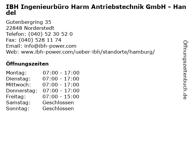 IBH Ingenieurbüro Harm Antriebstechnik GmbH - Handel in Norderstedt: Adresse und Öffnungszeiten