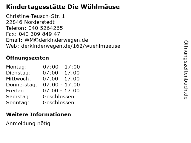 Kindertagesstätte Die Wühlmäuse in Norderstedt: Adresse und Öffnungszeiten