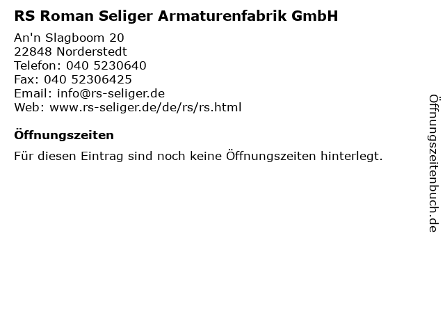 RS Roman Seliger Armaturenfabrik GmbH in Norderstedt: Adresse und Öffnungszeiten