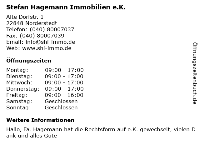 Stefan Hagemann Immobilien e.K. in Norderstedt: Adresse und Öffnungszeiten