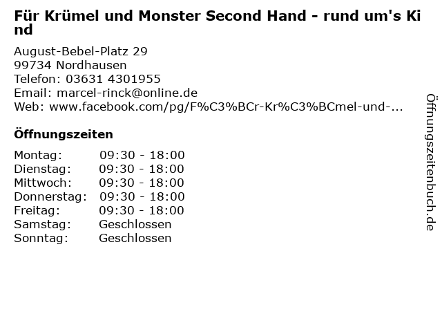 Für Krümel und Monster Second Hand - rund um's Kind in Nordhausen: Adresse und Öffnungszeiten