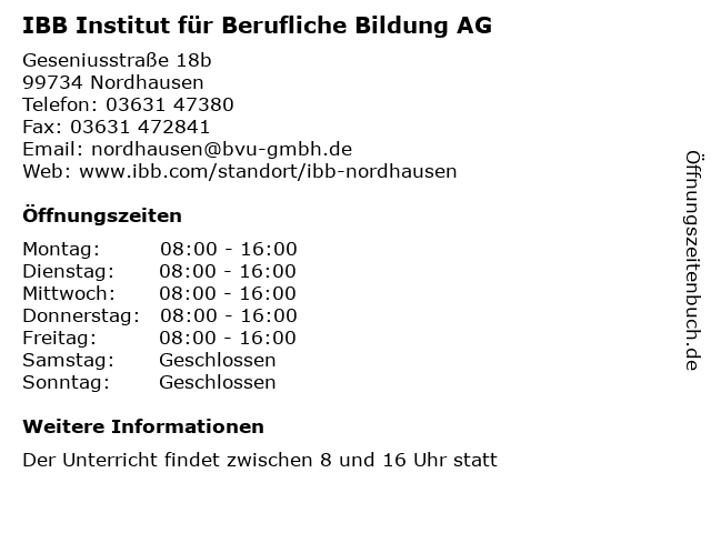 IBB Institut für Berufliche Bildung AG in Nordhausen: Adresse und Öffnungszeiten