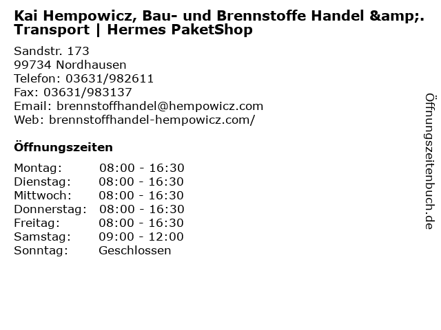 Kai Hempowicz, Bau- und Brennstoffe Handel &. Transport | Hermes PaketShop in Nordhausen: Adresse und Öffnungszeiten