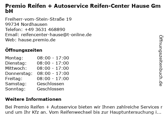 Premio Reifen + Autoservice Reifen-Center Hause GmbH in Nordhausen: Adresse und Öffnungszeiten