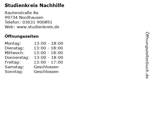 Studienkreis Nachhilfe in Nordhausen: Adresse und Öffnungszeiten