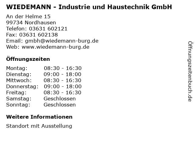 WIEDEMANN - Industrie und Haustechnik GmbH in Nordhausen: Adresse und Öffnungszeiten