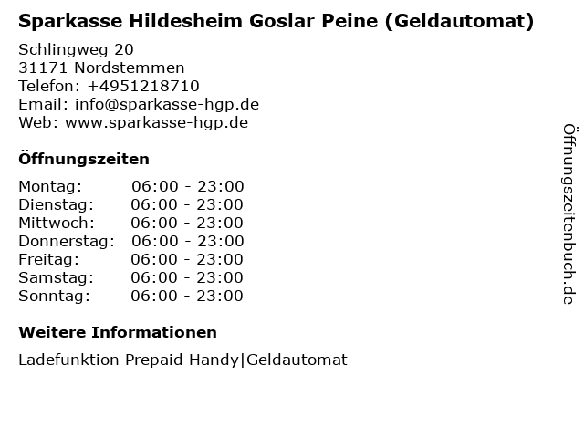 Sparkasse Hildesheim Goslar Peine (Geldautomat) in Nordstemmen: Adresse und Öffnungszeiten