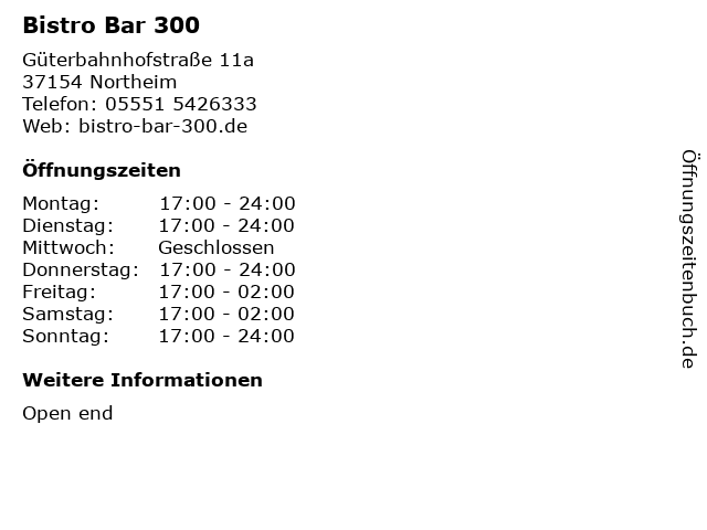 Bistro Bar 300 in Northeim: Adresse und Öffnungszeiten