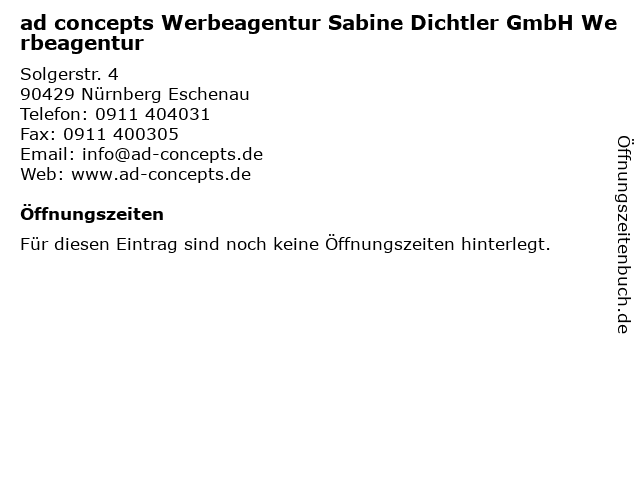 ad concepts Werbeagentur Sabine Dichtler GmbH Werbeagentur in Nürnberg Eschenau: Adresse und Öffnungszeiten