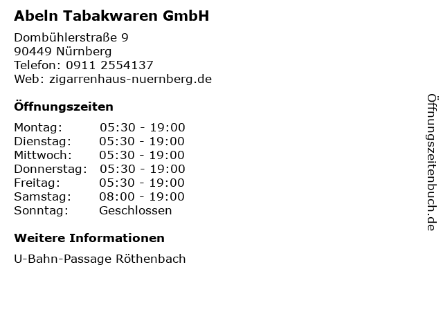 Abeln Tabakwaren GmbH in Nürnberg: Adresse und Öffnungszeiten