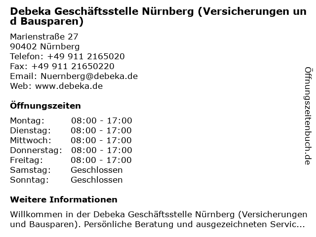 ᐅ Offnungszeiten Debeka Geschaftsstelle Nurnberg Marienstrasse 27 In Nurnberg