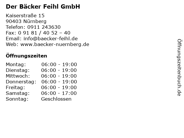 Der Bäcker Feihl GmbH in Nürnberg: Adresse und Öffnungszeiten