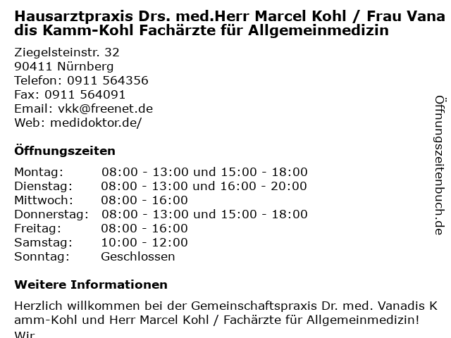 ᐅ Öffnungszeiten „Dr. med. Vanadis Kamm-Kohl und Herr Marcel Kohl ...