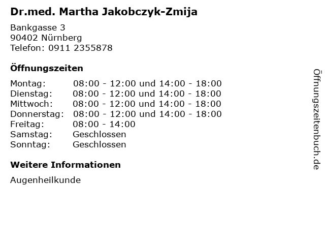 Dr.med. Martha Jakobczyk-Zmija in Nürnberg: Adresse und Öffnungszeiten