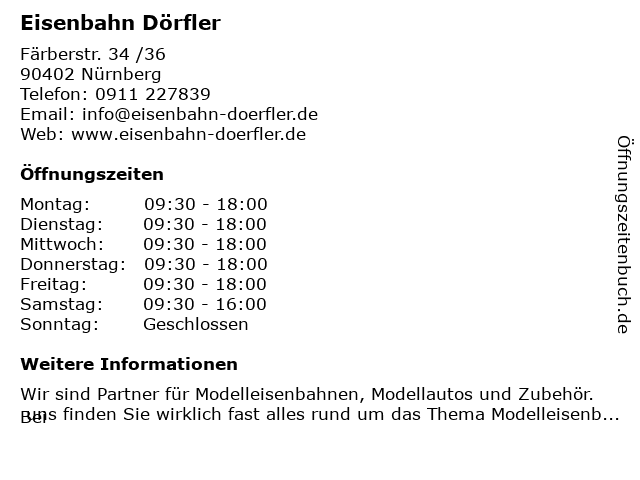 ᐅ Offnungszeiten Eisenbahn Dorffler Farberstr 3436 In Nurnberg