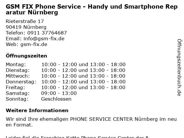 GSM FIX Phone Service - Handy und Smartphone Reparatur Nürnberg in Nürnberg: Adresse und Öffnungszeiten