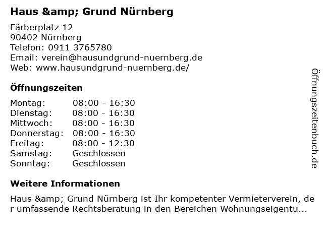 ᐅ öffnungszeiten Grund Und Hausbesitzerverein Nürnberg U Umg