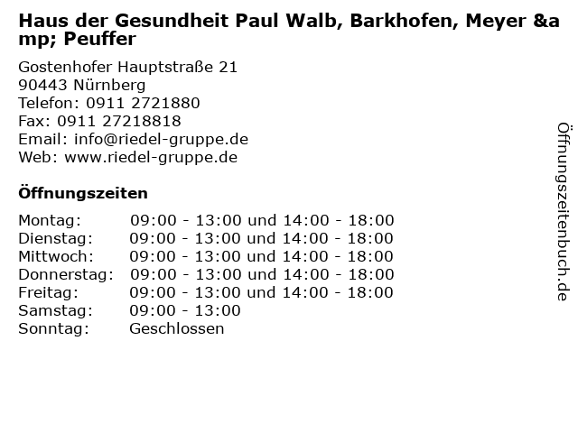 Haus der Gesundheit Paul Walb, Barkhofen, Meyer & Peuffer in Nürnberg: Adresse und Öffnungszeiten