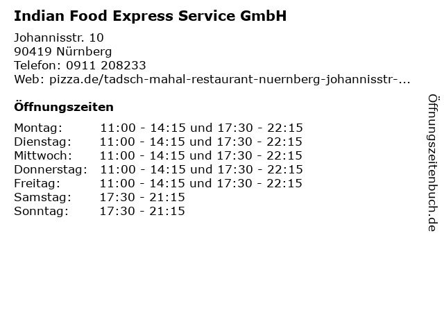 Indian Food Express Service GmbH in Nürnberg: Adresse und Öffnungszeiten