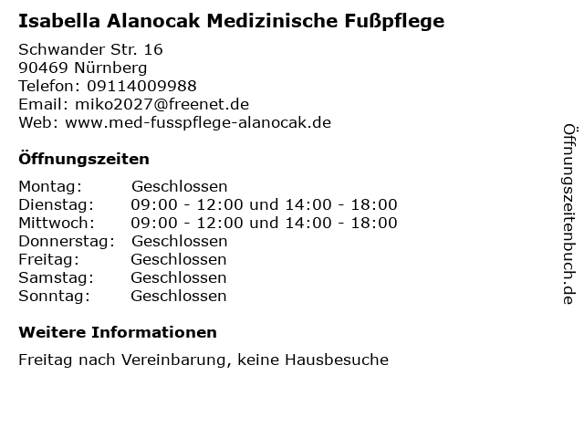 Isabella Alanocak Medizinische Fußpflege in Nürnberg: Adresse und Öffnungszeiten