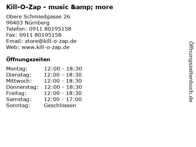 Kill-O-Zap - music & more in Nürnberg: Adresse und Öffnungszeiten
