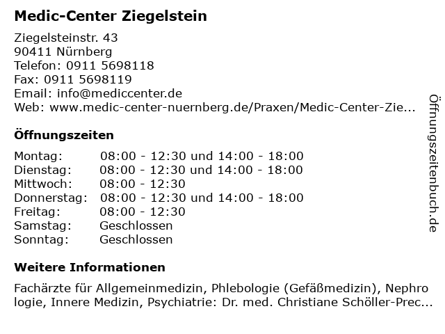 Medic-Center Ziegelstein - Fachärzte für Allgemeinmedizin, Phlebologie (Gefäßmedizin), Nephrologie, Innere Medizin, Psychiatrie in Nürnberg: Adresse und Öffnungszeiten