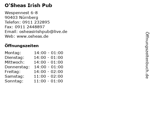 Á Offnungszeiten O Sheas Irish Pub Wespennest 6 8 In Nurnberg