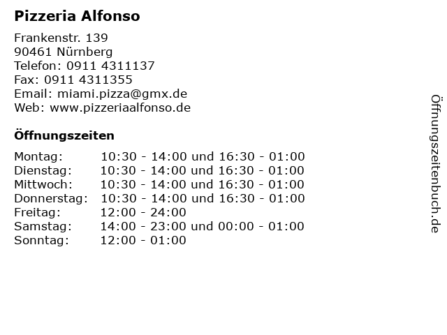 Pizzeria Alfonso in Nürnberg: Adresse und Öffnungszeiten