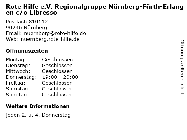 Rote Hilfe e.V. Regionalgruppe Nürnberg-Fürth-Erlangen c/o Libresso in Nürnberg: Adresse und Öffnungszeiten