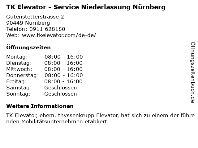 TK Elevator - Service Niederlassung Nürnberg in Nürnberg: Adresse und Öffnungszeiten