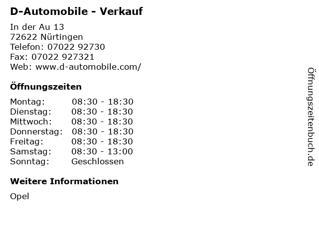 D-Automobile - Verkauf in Nürtingen: Adresse und Öffnungszeiten