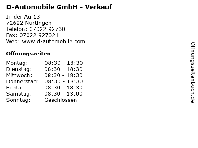 D-Automobile GmbH - Verkauf in Nürtingen: Adresse und Öffnungszeiten