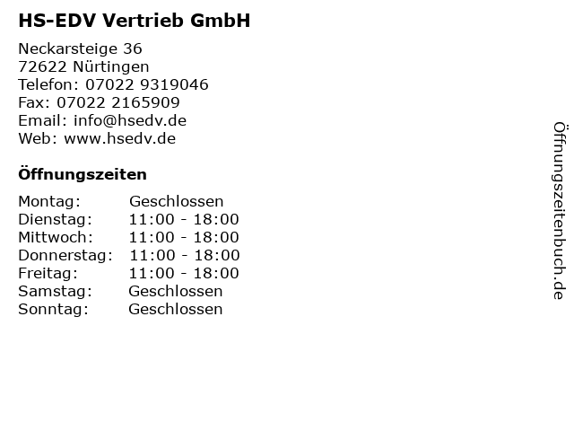 HS-EDV Vertrieb GmbH in Nürtingen: Adresse und Öffnungszeiten