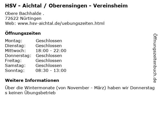 HSV - Aichtal / Oberensingen - Vereinsheim in Nürtingen: Adresse und Öffnungszeiten