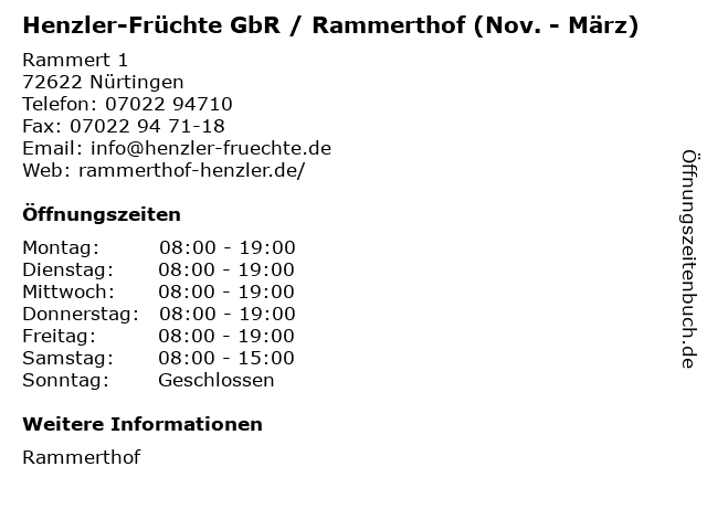 Henzler-Früchte GbR / Rammerthof (Nov. - März) in Nürtingen: Adresse und Öffnungszeiten