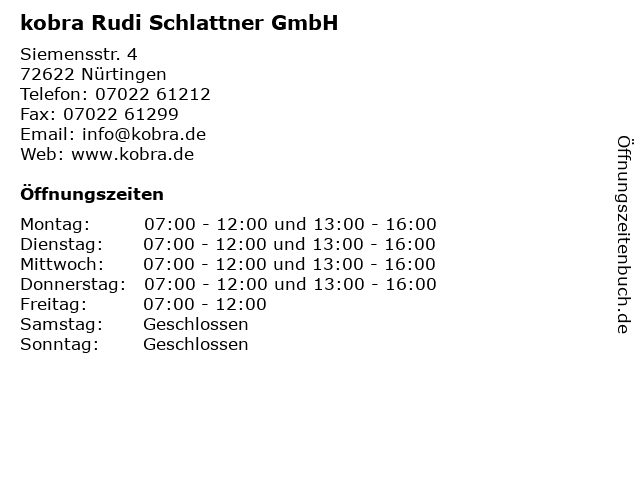 kobra Rudi Schlattner GmbH in Nürtingen: Adresse und Öffnungszeiten