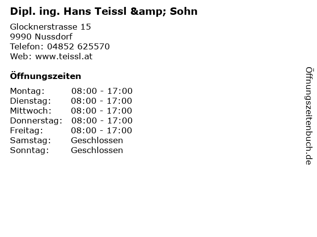 Dipl. ing. Hans Teissl & Sohn in Nussdorf: Adresse und Öffnungszeiten