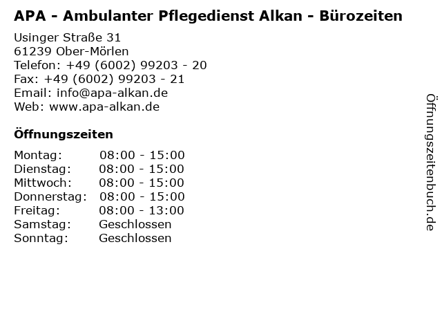 APA - Ambulanter Pflegedienst Alkan - Bürozeiten in Ober-Mörlen: Adresse und Öffnungszeiten