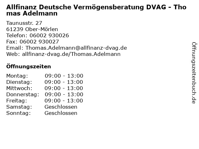 Allfinanz Deutsche Vermögensberatung DVAG - Thomas Adelmann in Ober-Mörlen: Adresse und Öffnungszeiten