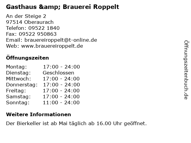 ᐅ Offnungszeiten Gasthaus Brauerei Roppelt An Der Steige 2 In Oberaurach