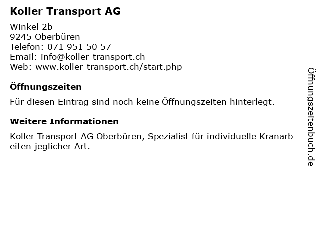 Koller Transport AG in Oberbüren: Adresse und Öffnungszeiten