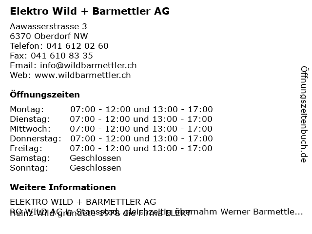 Elektro Wild + Barmettler AG in Oberdorf NW: Adresse und Öffnungszeiten