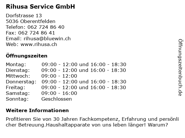 Rihusa Service GmbH in Oberentfelden: Adresse und Öffnungszeiten