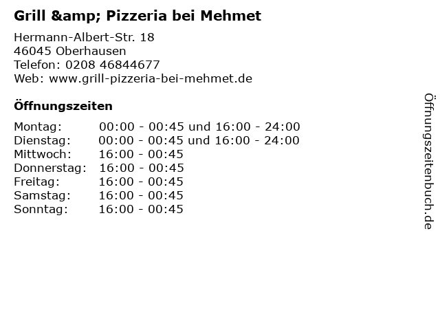Grill & Pizzeria bei Mehmet in Oberhausen: Adresse und Öffnungszeiten