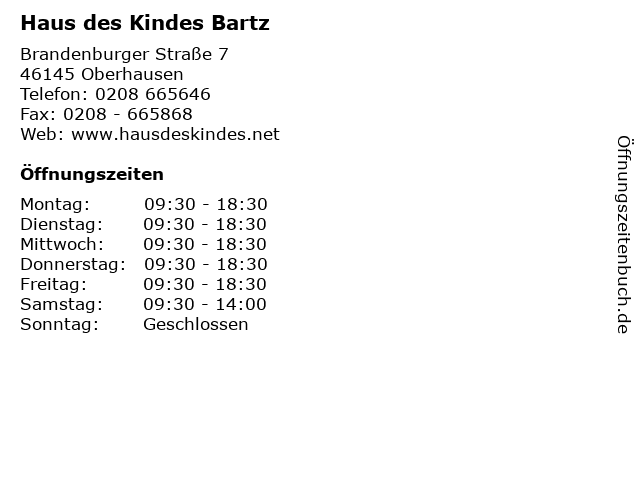 Haus des Kindes Bartz in Oberhausen: Adresse und Öffnungszeiten