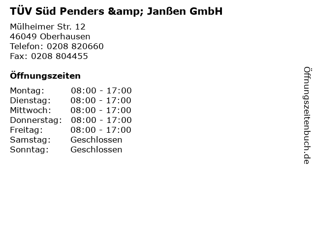 TÜV Süd Penders & Janßen GmbH in Oberhausen: Adresse und Öffnungszeiten