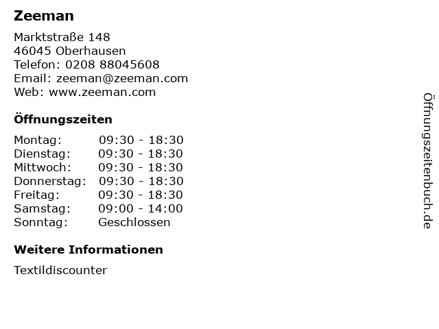 Zeeman in Oberhausen: Adresse und Öffnungszeiten