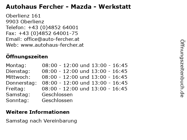 Autohaus Fercher - Mazda - Werkstatt in Oberlienz: Adresse und Öffnungszeiten