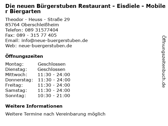 Die neuen Bürgerstuben Restaurant - Eisdiele - Mobiler Biergarten in Oberschleißheim: Adresse und Öffnungszeiten
