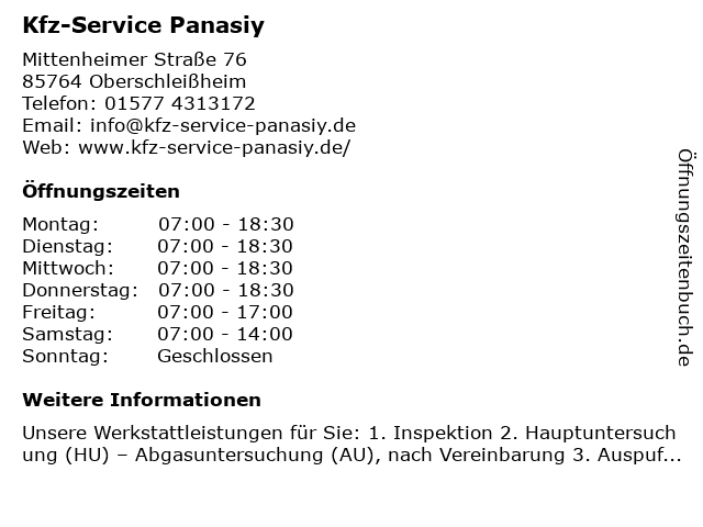 Kfz-Service Panasiy in Oberschleißheim: Adresse und Öffnungszeiten